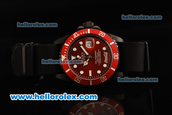 Rolex Colamariner Submariner Automatic Movement PVD Case with Red Dial and Red Bezel - Black Nylon Strap - Click Image to Close